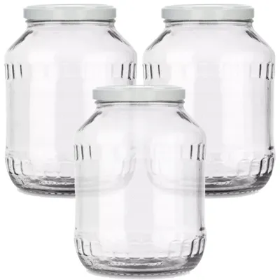 Zdjęcie produktu dla Słoik na ogórki MIKONI 2,5 l | 3 sztuki | Biała pokrywka | Słoiki do wekowania, słoiki do przetworów, słoiki do przechowywania, 2500 ml, słoik do wekowania, słoiki z zakrętką, słoiki na ogórki