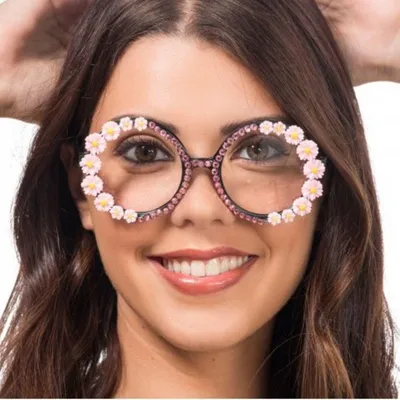 Produktbild von Runde Brille in Rosa mit Strass-Details und Blumen-Motiv, geeignet für Partys und besondere Anlässe