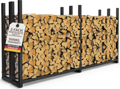 Produktbild von 2 Kaminholzregale aus verzinktem Metall á 223 x 25 x 115cm mit 1 Abdeckplane Kaminholzunterstand  Stapelhilfe für aussen Brennholzlager anthrazit
