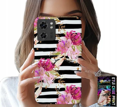 Image de Etui pour Motorola Edge 40 - Fleurs à motif rayé noir et blanc