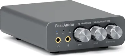A gray Fosi Audio K5 Pro DAC headphone amplifier is shown from a diagonal front-facing angle on a white background.