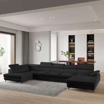 Produktbild von Masseno Ecksofa MONTIVA mit Schlaffunktion U-Form, Sofa mit Bettkasten, Wohnzimmersofa, Couch, Soffa, Bettsofa, Couchgarnitur- Schwarz, QUELLE 100