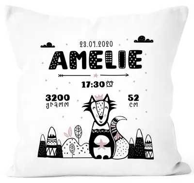 Produktbild von personalisierbare Kissen-Hülle zur Geburt Fuchs Scandi Style Geburtskissen Namenskissen Geschenk Geburt Baby SpecialMe® Mädchen weiß unisize
