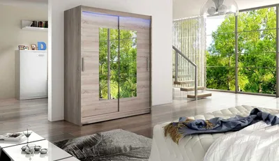 Obrázek produktu pro Šatní skříň 150 cm se zrcadlem a LED osvětlením ELADIO 3 - dub lanýž