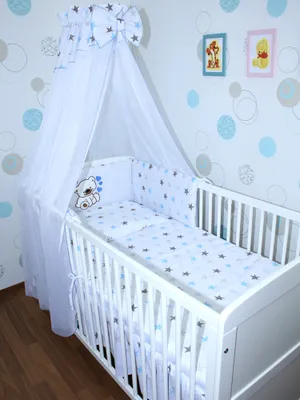 Produktbild von Primawela Baby Bettwäsche Set mit Applikation- 6 teiliges Set mit Chiffon Himmel Bettset Nestchen- 13.Bärchen mit Herzen-Star Blau