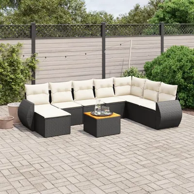 Produktbild von Design 9-tlg. Garten-Sofagarnitur mit Kissen Schwarz Poly Rattan, Gartenmöbel-Sets 2024 Neu