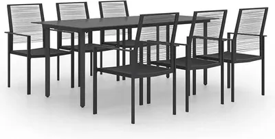 Produktbild von 7-TLG. Garten Essgruppe 6 Personen, Sitzgruppe 6+1, Esstisch mit Glas-Tischplatte & Stühle, Wetterfest Gartenmöbel Set Schwarz