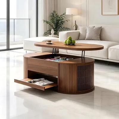 Imagen del producto de Mesa de centro con altura ajustable, 110 cm, color nogal. Mesa para el salón con espacio de almacenamiento, superficie elevable y estante extensible