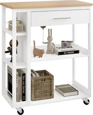 Immagine prodotto di Carrello con piano di lavoro - con ripiani e ripiani aperti - dotato di freni - per uso mobile - organizer per la spesa - scaffale da armadio - bianco