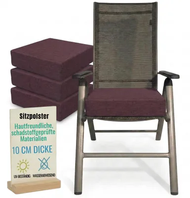 Zdjęcie produktu dla Pillows24 - Ergonomiczna poduszka do siedzenia na zewnątrz - 4x [ 40x40x10 cm ] w kolorze śliwkowym - Nadające się do prania siedzisko z zamkiem błyskawicznym na krzesło do mebli ogrodowych