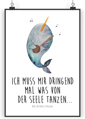 Produktbild von Mr. & Mrs. Panda Bild Narwal Gitarre DIN A3 - Weiß - Geschenk, Wal, Probleme, Kunstdruck, Gespräche, Tanzen, drucke, Meer, poster, wanddeko, Designposter