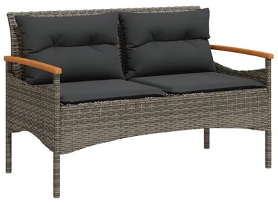 Obrázok produktu pre vidaXL Záhradná lavica s vankúšmi 116x62,5x74 cm Sivá polyratanová