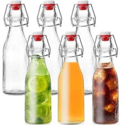 Productafbeelding van Set van 6 glazen flessen van 250 ml met beugelsluiting, likeurflessen, flessen met beugelsluiting om te vullen voor olie, azijn, sap, likeur, siroop en limonade, geschikt voor