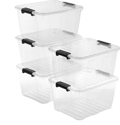 Image de Lot de 5 boîtes de rangement 30L - plastique transparent - 32 x 25 x 41 cm