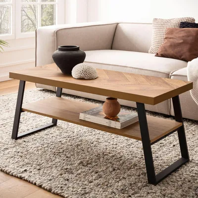 Obrázok produktu pre FineBuy Konferenčný stolík 100x40x41 cm Rozkladací stôl hnedý so vzorom rybej kosti Stôl do obývačky Obdĺžnikový obývací stôl Moderný s policou Konferenčný stolík
