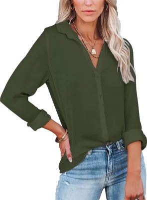 ASKSA Damen Langarmshirt V-Ausschnitt Armeegrün L