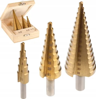 Produktbild von Stufenbohrer 4-32mm Kegelbohrer 3tlg.Set HSS Konusbohrer Senker TITAN