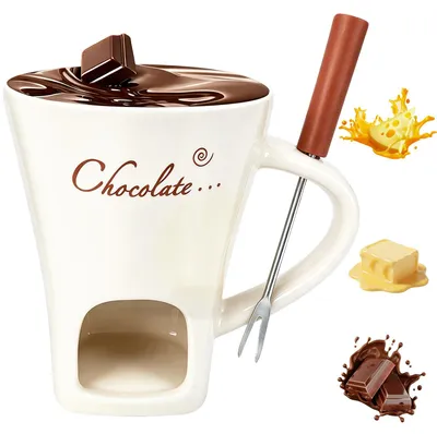 Image de Tasse à chocolat fondu - Tasse en céramique avec support pour bougie chauffe-plat - Pour chocolat fondu - 12 x 10 x 10 cm