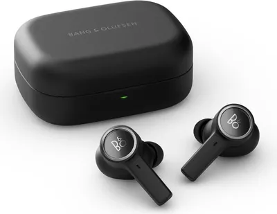 A black charging case and two black wireless earbuds are displayed on a white background.