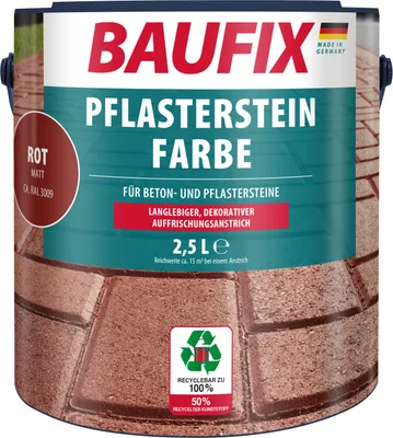 A can of Baufix Pflasterstein Farbe (paving stone paint) in red matt.