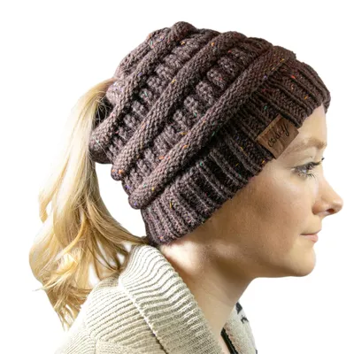 Produktbild von Strick Winter Beanie - Pferdeschwanz Mütze - mit Zopf Loch - Braun Gesprenkelt