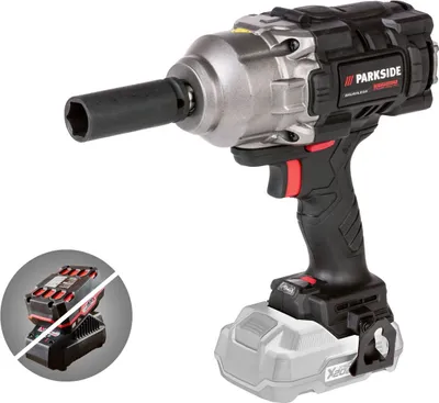 A cordless impact wrench with a socket attached, shown with a separate inset image of a battery and charger.