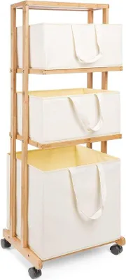 Image de Chariot à linge en bambou, 4 étages, 3 paniers, 121 x 34 x 42 cm, couleur naturelle