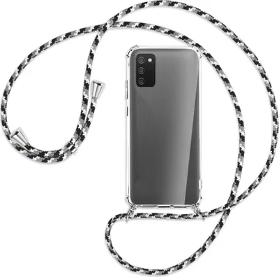 Produktbild von Handykette Backcover-Schutzhülle mit Band (Metall silberfarben) für Samsung Galaxy A02s - schwarz/grau/weiß