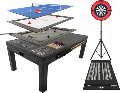Immagine prodotto di Set 7 in 1: tavolo da gioco e da pranzo, bersaglio per freccette grigio, anello luminoso a LED, supporto avvolgente autorigenerante, tavolo da biliardo, ping-pong, air hockey, scacchi, shuffleboard. Accessori completi per tutta la famiglia