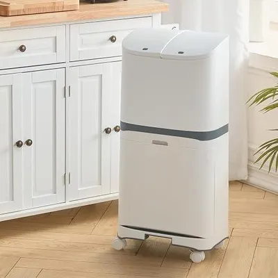 Imagen del producto de Cubo de basura para cocina, 2 compartimentos, 36x20x79 cm, 48 litros. Cubo de basura doble de plástico de gran capacidad. Sistema de separación de residuos. Contenedor de basura extraíble con tapa, sobre ruedas. Cubo de basura para cocina (blanco)