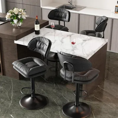 Image de Ensemble de 4 tabourets de bar, gris foncé, ergonomiques, rembourrés, avec dossier, réglables en hauteur et pivotants à 360°