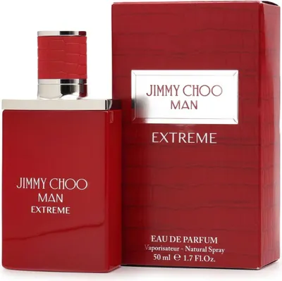 A red bottle of Jimmy Choo Man Extreme Eau de Parfum and its matching red box are displayed side-by-side against a white background.