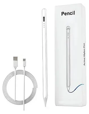 A stylus pen, charging cable, and its packaging are displayed against a white background.