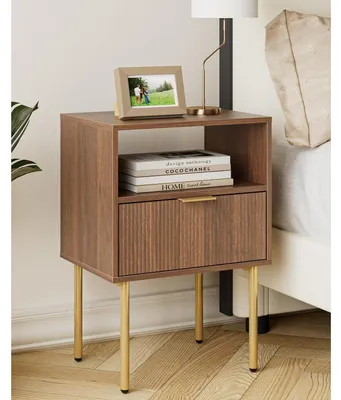 Immagine prodotto di Tavolino da notte con 1 vano aperto e 1 cassetto, in legno di noce, dimensioni 40x30x56 cm