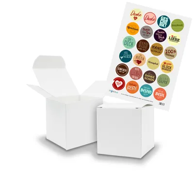 Produktbild von SET MIX (Motiv21) 24x Faltschachtel Würfel 5cm weiß  + Sticker