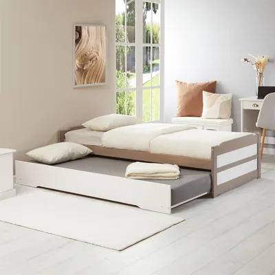 Produktbild von Ausziehbett LORENA in 90 x 190 cm, schönes Tagesbett aus Kiefer massiv in taupe/weiß, praktisches Jugendbett mit Auszugskasten