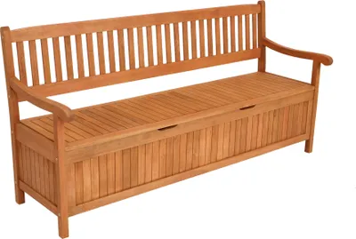 A wooden garden bench with storage.