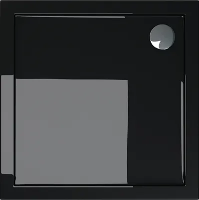 A top-down view of a black square shower tray with a circular drain.