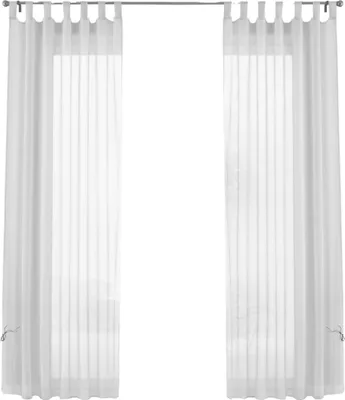 Two white sheer curtains hanging on a rod against a white background.