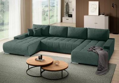 Image de Canapé d'angle DRACO forme U universel avec fonction sommeil & coffre de lit, vert (Aston 27)