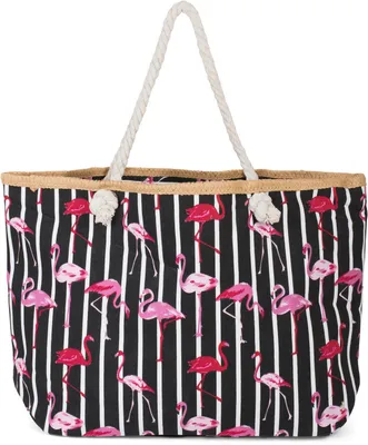 Produktbild von styleBREAKER Große Strandtasche mit Flamingo Print und Streifen Design | Damen Shopper mit Kordelhenkel und Reißverschluss | Badetasche mit Bast-Detail | 58 x 37 x 13 cm