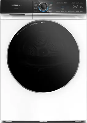 A front view of a white Siemens washing machine with a black door and a control panel at the top.