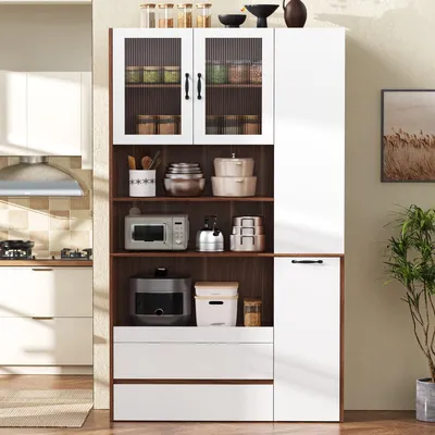 Productafbeelding van Moderne hoge kast voor de keuken met uitschuifbare planken, buffetkast van geribbeld glas, servieskast voor keuken en eetkamer, wit/notenhout, 100 cm
