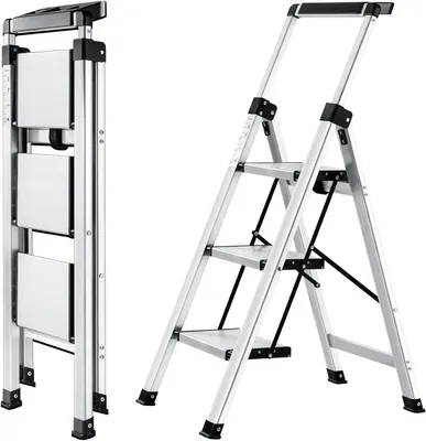 Produktbild von Mehrzweckleiter XinSunho 3-Stufen-Leiter, Aluminium-Stehleiter mit Handlauf, mit Werkzeugkasten, rutschfeste Klappleiter, leicht und kompakt, Tragfähi