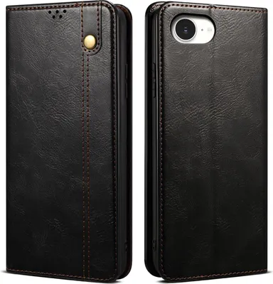 A black leather flip case for a smartphone, shown from the front and back.