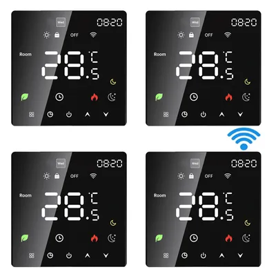 Four identical smart WiFi thermostats are displayed in a grid.