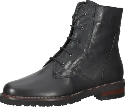 A black leather lace-up boot is shown against a white background.