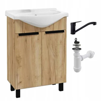 Obrázek produktu pro Stamar | Podlahová koupelnová skříňka v barvě zlatý dub - s umyvadlem 60 cm - otočná baterie a sifon