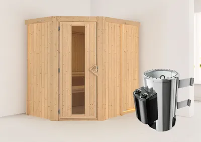 Produktbild von Karibu Sauna Innensauna Saja Eckeinstieg Ofen 3,6 kW intgr. Strg 196x151x198 cm ohne Dachkranz mit Energiespartür
