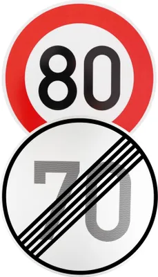 Produktbild von Original 2 x Verkehrsschild Nr. 274-80 80 km/h und 278-70 Ende 70 km/h 600 mmØ Verkehrszeichen Straßenschild Geburtstagsschild nach StVO mit RAL RA1
